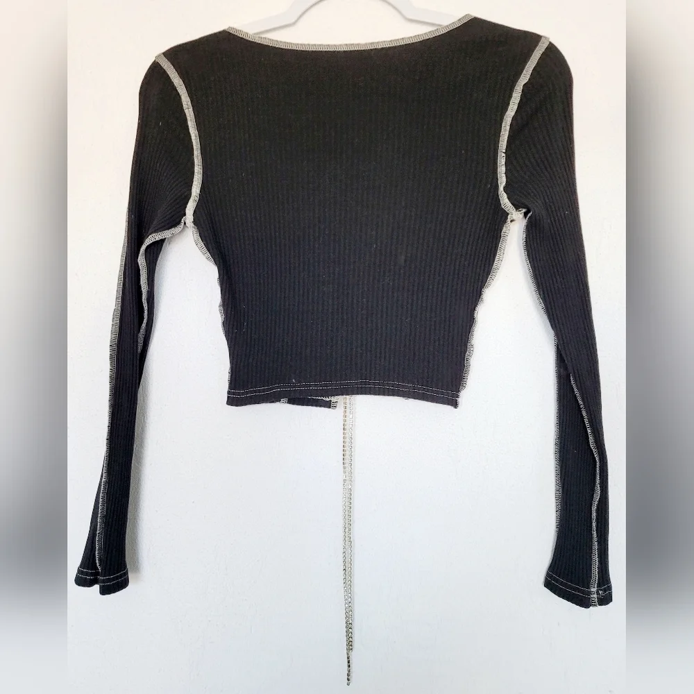 Rhinestone Crop Top Ribbed Contrast Stitching Black Lace Up Front XS